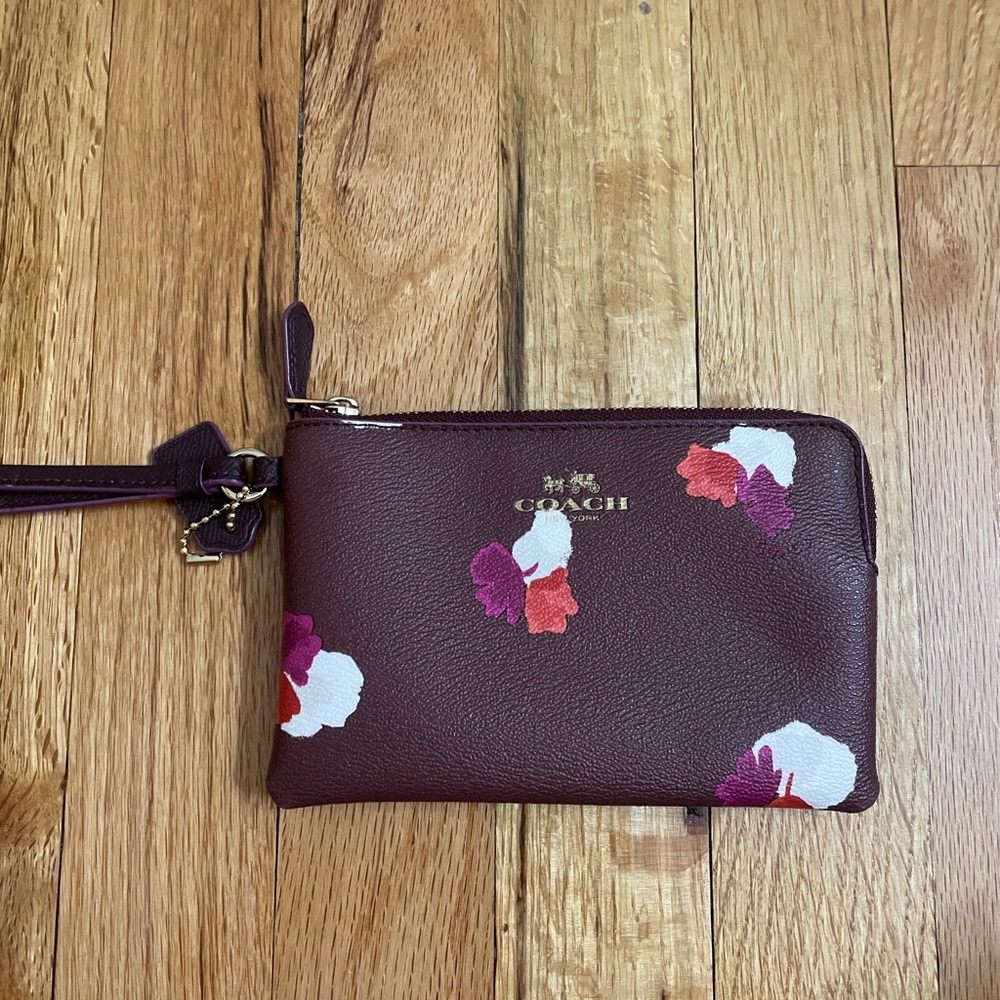 Coach Burgundy Wristlet with Floral Design
